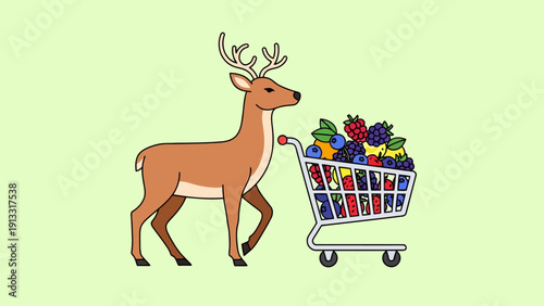 A cartoon deer pushes a shopping cart overflowing with various berries and fruit