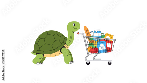 A cartoon green turtle pushes a metal shopping cart full of groceries