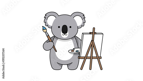 A cartoon koala holding a paintbrush and palette before an easel