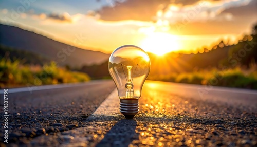 Glowing light bulb on open road at sunset for idea concept