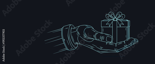 Robot hand giving a gift box on a dark background with copy space