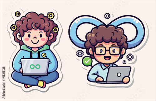 Cute cartoon programmers with curly hair working on laptops and infinity symbols, kawaii style stickers