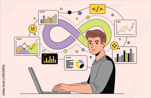 Developer analyzing data and statistics on laptop with infinite loop symbol and charts, modern flat illustration
