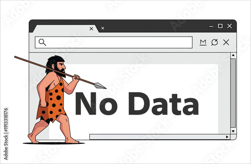 Caveman with a spear in front of a computer browser window displaying 'No Data', symbolizing lack of information