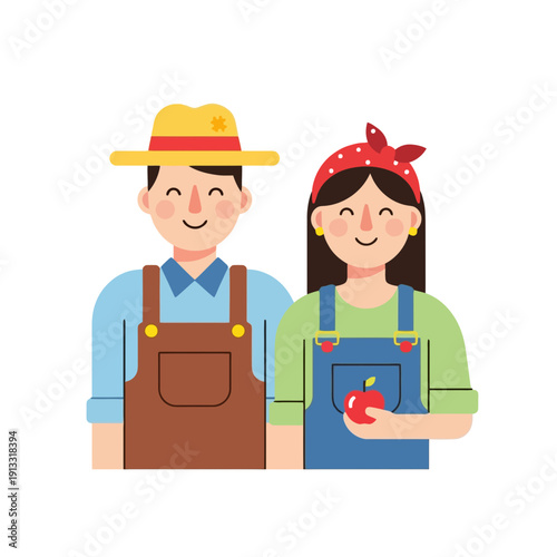 Farmer couple smiling, husband and wife with apple, colorful vector illustration. Happy family in countryside