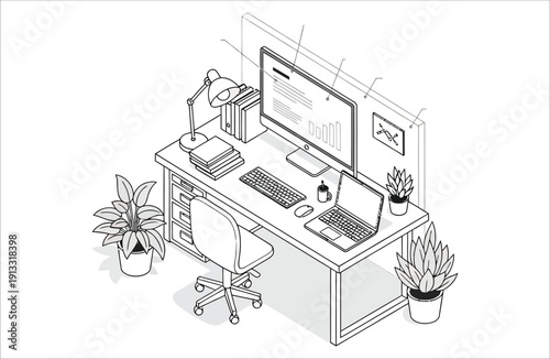 Isometric illustration of a detailed modern desk with computer, laptop, books, and plants, clean line art style.