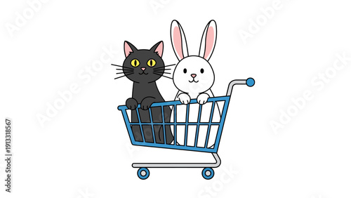 Black cat and white rabbit in a blue shopping cart