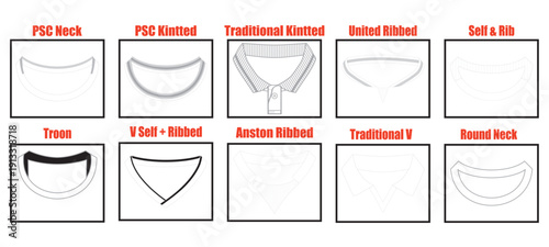 T Shirt Collar and Neckline Variations PSC Ribbed V Neck Round Technical Vector Set