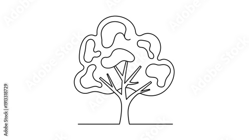 Black and white outline drawing of a stylized deciduous tree with internal leaf shapes