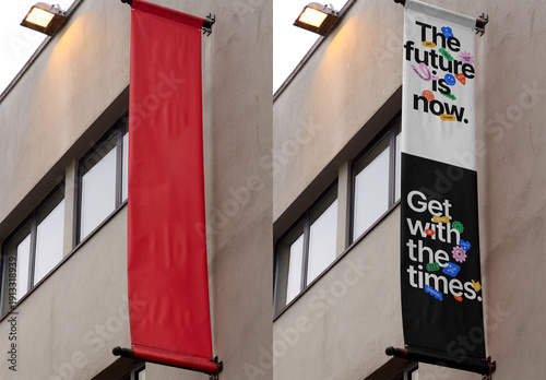 Real photo of Red Banner Hangs on Building in Dublin. PSD mockup Templates