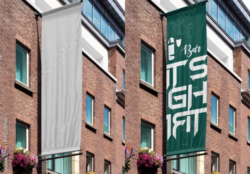 Real photo of Mockup Polaroid banner hanging from the side of A building in Dublin. PSD mockup Templates