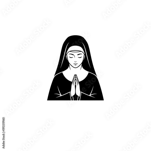 Praying nun in veil, vector illustration. Devotion and modesty in religion, dedication to God. Religious holidays, customs and traditions. Way of life
