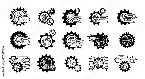 Gear and Circuit Combo Logo Vector Illustration | Technology Engineering Emblem | Modern Tech Industry Symbol