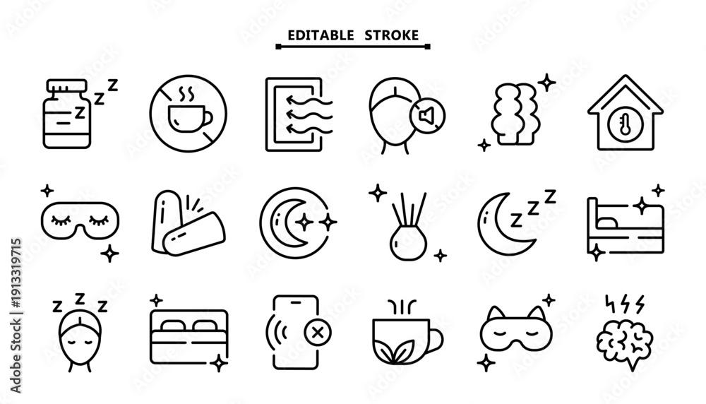 Fototapeta premium Sleep Aid Icon Set: Outline Symbols of Earplugs, Sleeping Pills, Ventilation and Caffeine Free Signs
