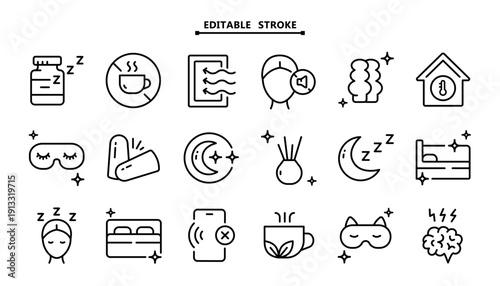 Sleep Aid Icon Set: Outline Symbols of Earplugs, Sleeping Pills, Ventilation and Caffeine Free Signs