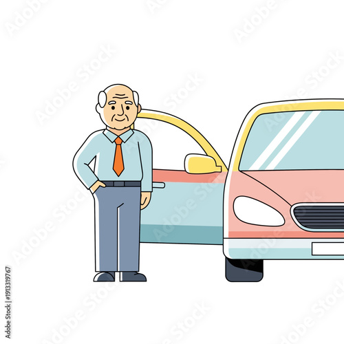 Elderly man standing beside open car door. Driving for seniors. Active lifestyle and hobbies at mature age. Traveling and working after retirement 