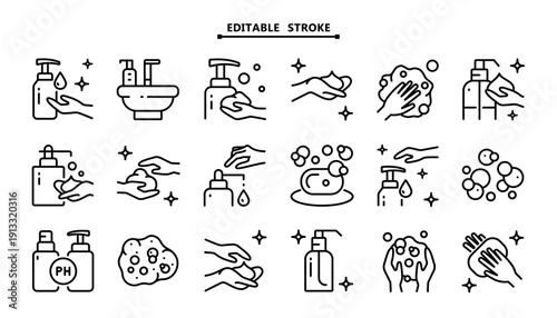 Hand Hygiene Icon Set: Outline Symbols for Foam Soap, Pump Dispenser, Sanitizer and Moisturizing Lotion