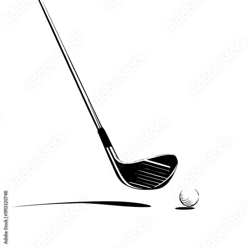 A golf club poised to strike a golf ball in a black and white illustration on a white background scene