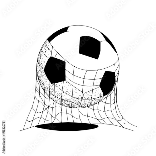 A soccer ball with black pentagons is caught in a net with a shadow on a white background drawing