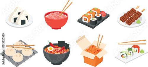 Asian street food collection set. Sushi, ramen, dumplings and skewers variety. Japanese cuisine flat vector illustration bundle.