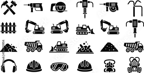 "Black construction icon collection featuring tools, machinery, safety gear, and equipment including hammers, drills, saws, excavators, trucks, hard hats, and protective gear"