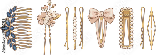 Elegant decorative hair accessories collection featuring combs, pins, clips, bows, and pearls for stylish hairstyling and beauty visuals