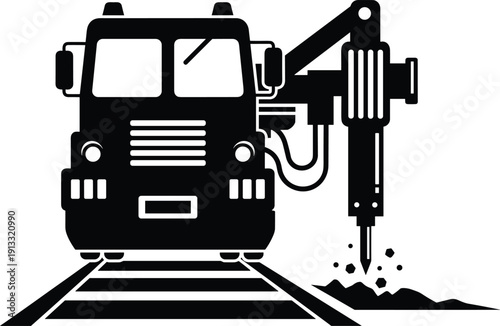 "Black and white vector illustration of road construction vehicle with hydraulic jackhammer attachment breaking pavement for demolition, repair, and maintenance projects"