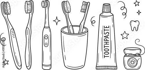 Dental hygiene icon set with toothbrushes, toothpaste, floss, and decorative sparkles in black and white line art.