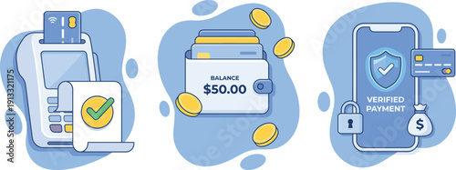 Illustration of digital payment systems with POS terminal, wallet balance, and verified mobile transaction for fintech visuals