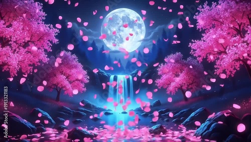 Pink cherry blossom trees surrounding a flowing waterfall at night beneath a giant full moon