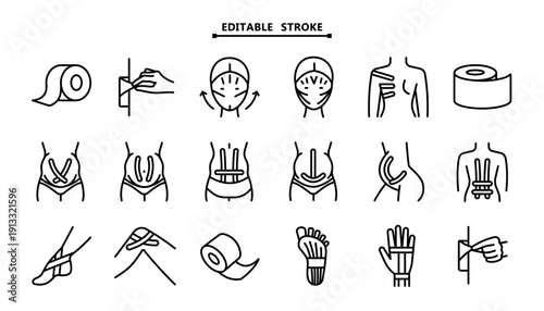Kinesiology Taping Icon Set: Outline Symbols for Pregnancy Belly Support, Application and Tape Removal