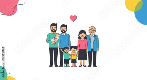Large, happy multi-generational LGTBQ+ family with two fathers, children, and grandparents standing together with a heart symbol.