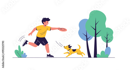 Happy young boy running and throwing a frisbee to his playful dog in a green park with trees on a sunny day.