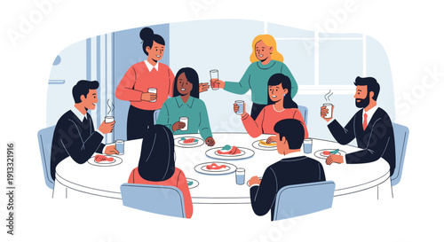 Group of diverse colleagues having a pleasant lunch or coffee break together, sitting around a large table and socializing.