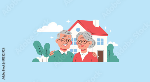 Happy and smiling elderly couple standing proudly outside their new house, representing retirement, home ownership, and security.