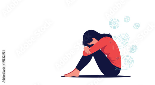 Sad and depressed woman sitting on the floor, hugging her knees with swirling lines around her, symbolizing mental health issues.