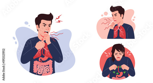 Set of illustrations showing a man with various health problems like a sore throat, acid reflux, and a woman with nausea.