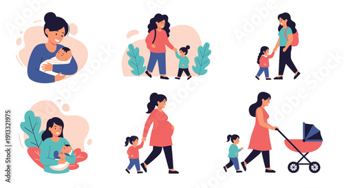 Set of illustrations depicting various stages of motherhood, from pregnancy and holding a newborn to walking with a toddler. This collection shows the loving bond between a mother and child.