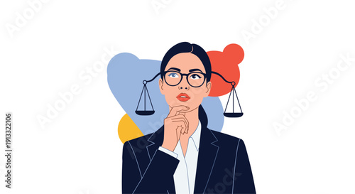 Thoughtful businesswoman with scales balanced over her head, symbolizing justice, decision-making, ethics, and finding the right work-life balance.