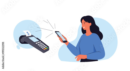 Smiling young woman making a contactless payment with her smartphone at a POS terminal, illustrating modern and convenient NFC technology.