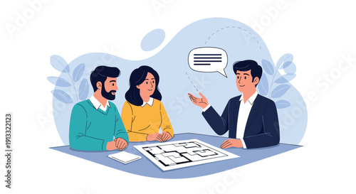 Male real estate agent or architect presenting a house floor plan to a young couple interested in buying or building a new home.