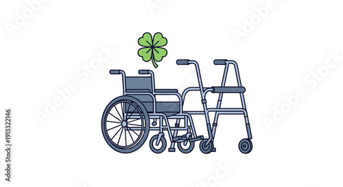 Mobility aids including a wheelchair and a walker with a four-leaf clover, symbolizing hope, luck, and support for disabled people.