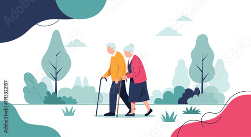Loving elderly couple walking together in a park, the woman gently supporting the man with his cane, symbolizing lifelong companionship and care.