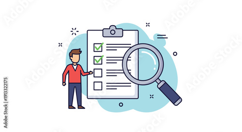 Man standing next to a large clipboard with a checklist and a magnifying glass, representing task completion, inspection, and review.