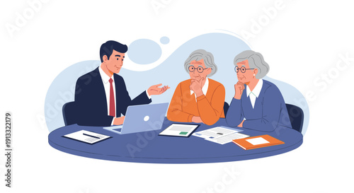 Financial advisor or lawyer meeting with two concerned elderly women to discuss their retirement plan, insurance, or legal documents.
