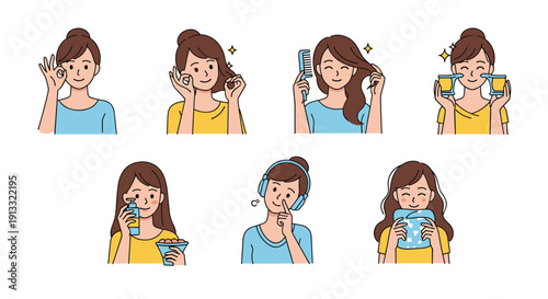 Set of illustrations showing a young woman engaged in her daily beauty and self-care routine, including skincare, haircare, and relaxing.