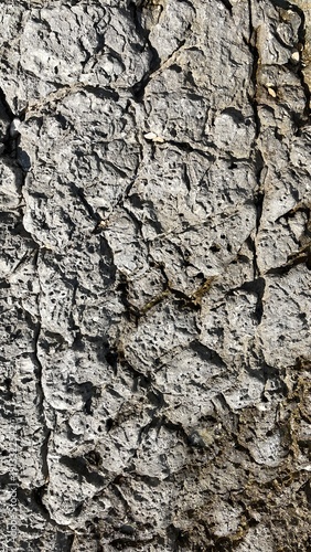 Close-up of rugged gray limestone surface with deep cracks and porous texture. Natural weathered rock background with organic patterns and earthy details. Abstract geological texture suitable for desi