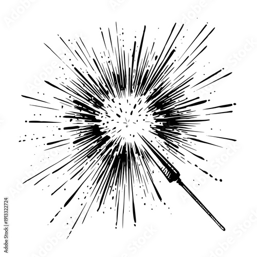 Illustration of a black and white explosion with radiating lines and a sparkler stick on a white background