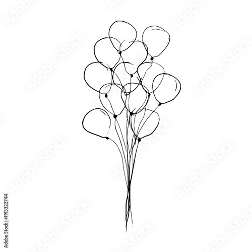 A sketch of a bunch of balloons tied together with strings, in a simple black and white illustration