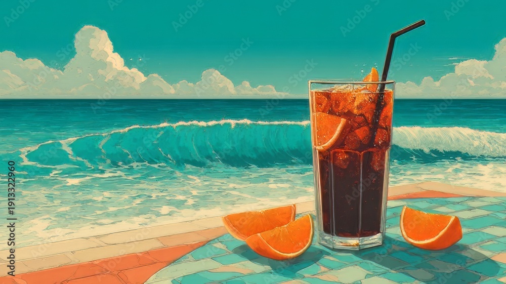 Obraz premium A refreshing glass of cocktail with ice and orange slices sits on top, with the ocean waves crashing in the background, cocktail on the beach, glass of orange juice on beach